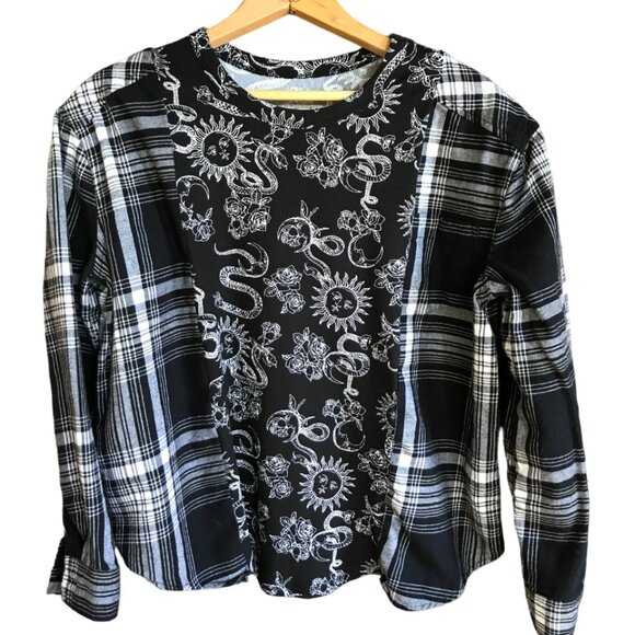 Reworked Flannel Sweatshirt, S-M: Upcycled Oversized, Celestial Sun Moon Serpent - Picture 9 of 9